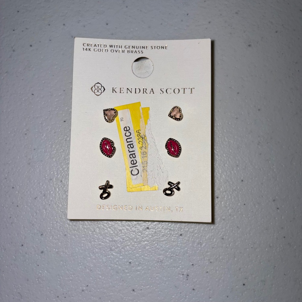 Kendra Scott 3 Pair Stud Earring Set 14k Gold Over Brass Hearts Lips XO NWT
